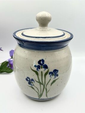 Stoneware Salt Glazed Crock, Lidded. Blue Floral Cookie Canister Pottery.